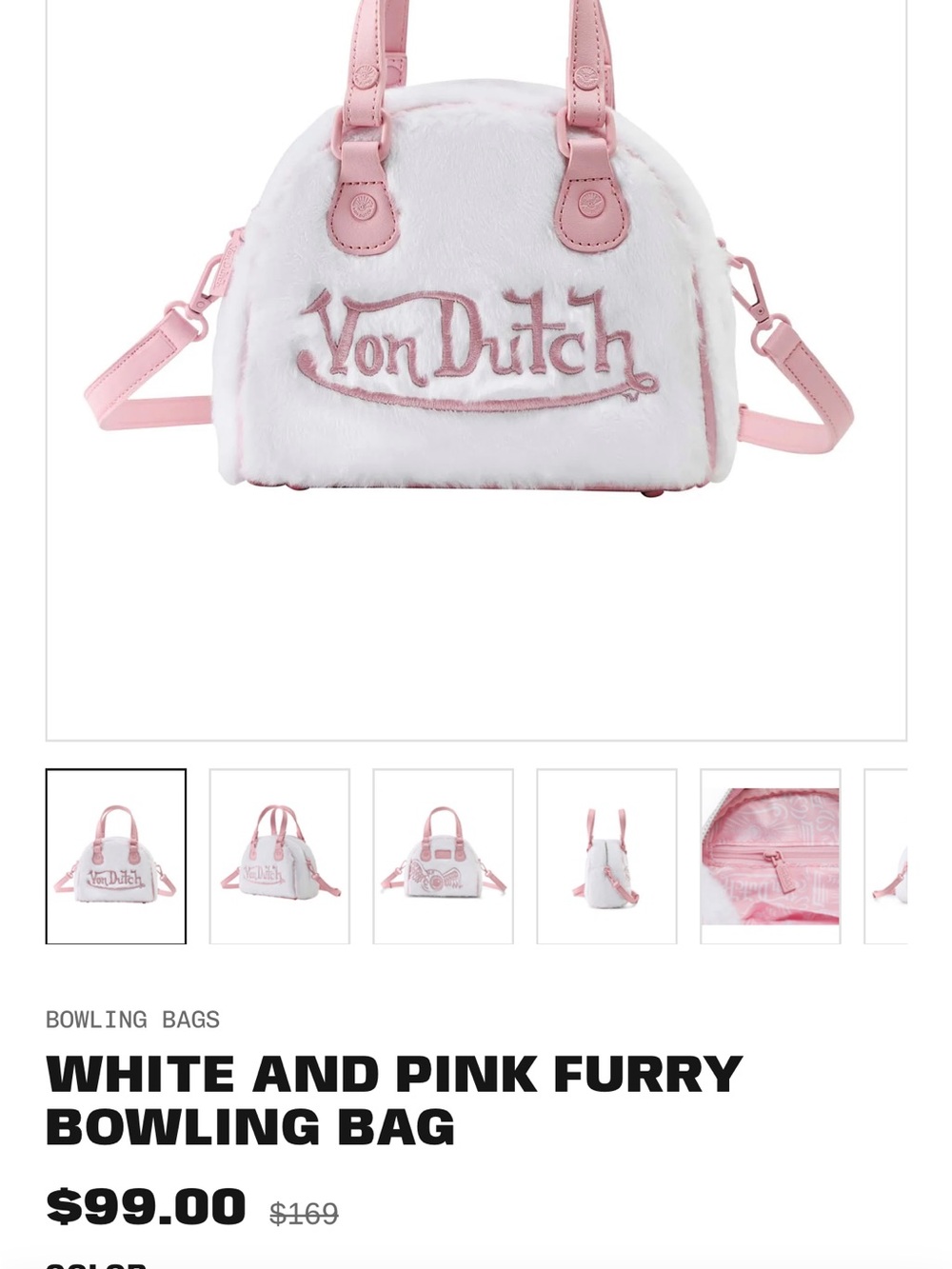 Von Dutch White Faux Fur Kids bowling bag with Pink Trim - Picture 5 of 5